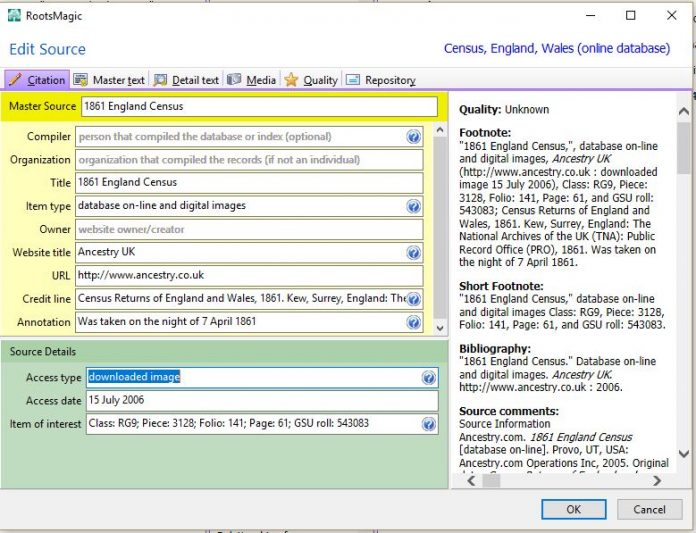 Census Entry in RootsMagic | Out of My Tree Genealogy